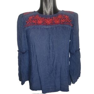 Solitaire Blue Long Sleeve Boho Chic Top With Red Floral Embroidered Detailing S